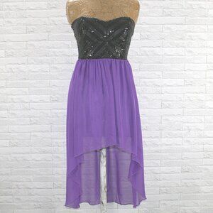 WINDSOR Dress Strapless Sequin Bustier Black Sheer High Low Purple Small
